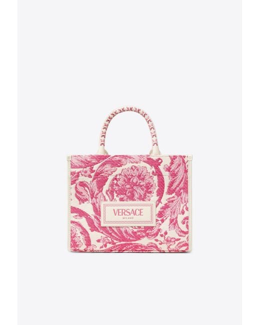 Versace Pink Small Athena Barocco Raffia Tote Bag