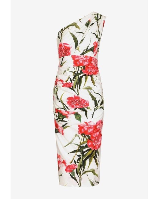 Dolce & Gabbana White Carnation-Print One-Shoulder Midi Dress