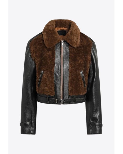 Prada Brown Belted Shearling-Trimmed Leather Jacket