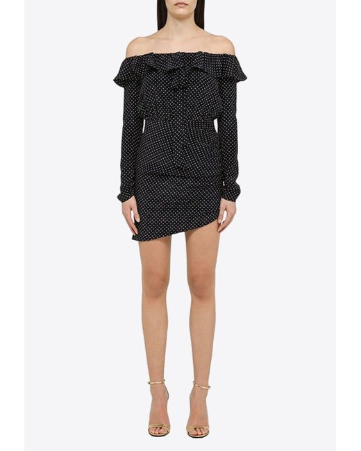 Alessandra Rich Black Off-Shoulder Polka Dots Silk Mini Dress