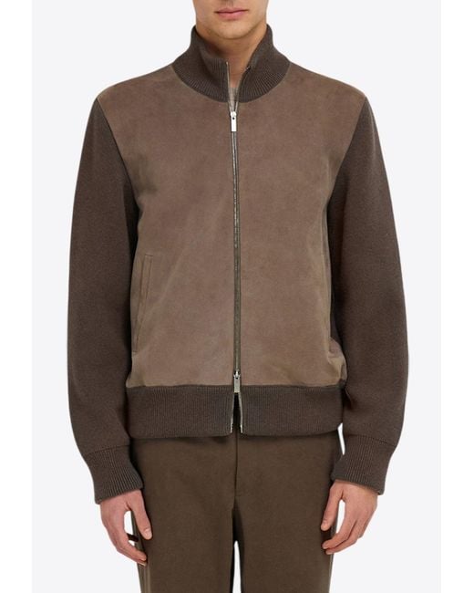 Ferragamo Brown Bomber Jacket With Leather Insert for men