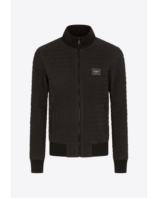 Dolce & Gabbana Black Logo Patch Ribbed Bomber Jacket for men