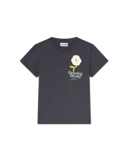 Ganni Blue Basic Cotton Jersey Baby Fit Crochet Patch Tee
