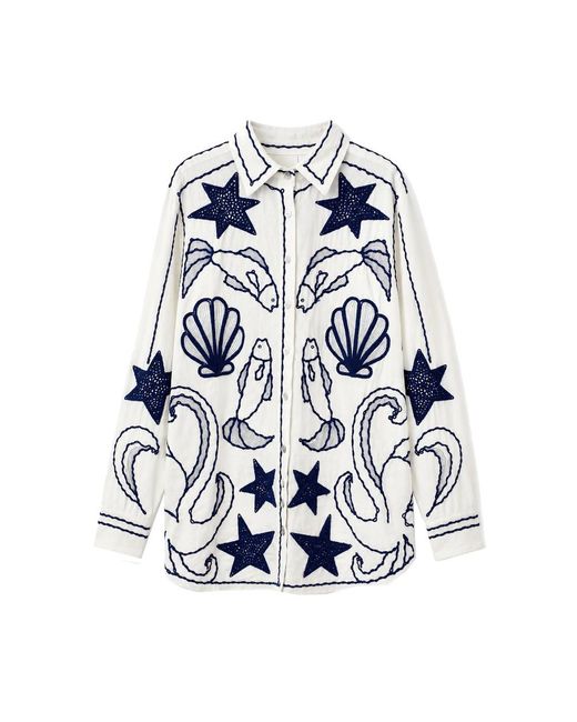 Farm Rio Blue Fresh Fish Embroidered Shirt