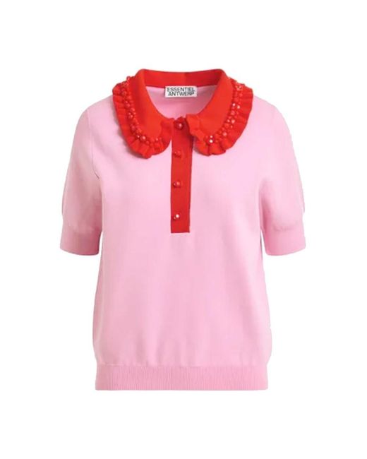 Essentiel Antwerp Pink Jewelry Ruffle Polo Top