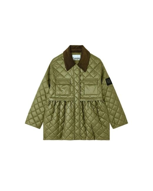 Ganni Green Shiny Quilt Midi Jacket