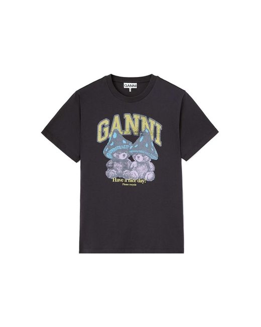 Ganni Black Relaxed Organic Cotton T-Shirt Teddy Mushrooms