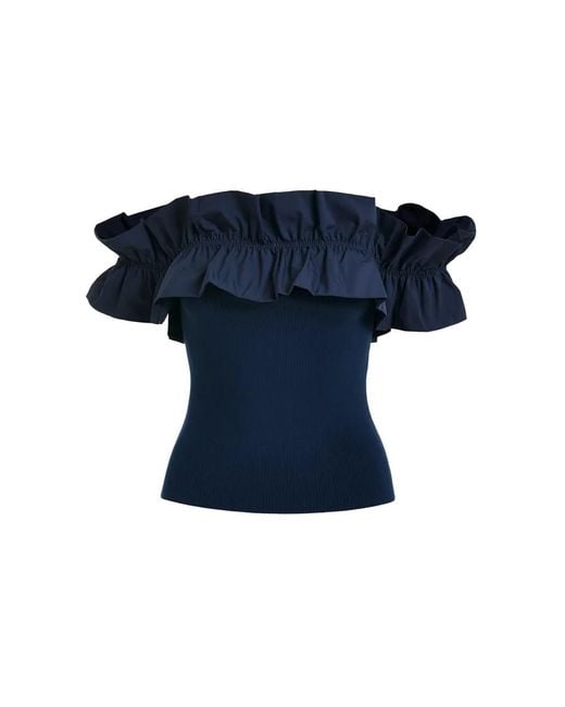 Essentiel Antwerp Blue Jacqua Off Shoulder Ruffle Knit Top