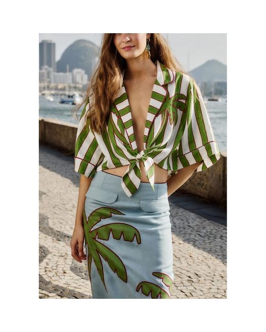 Farm Rio Green Spring Stripes Short Sleeve Tie Shirt