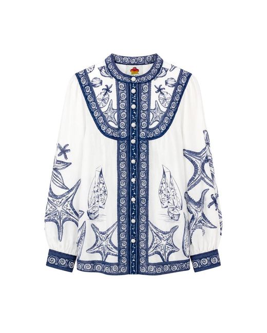 Farm Rio Blue Coast Scarf Long Sleeve Blouse