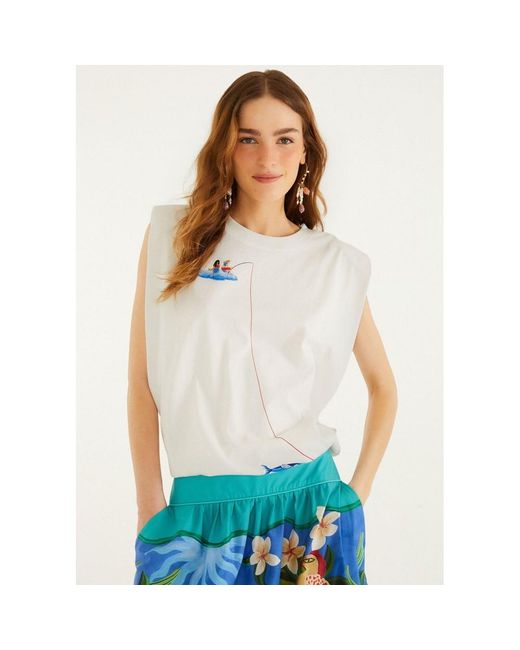 Farm Rio White Fishing Dreams Padded Shoulder Cotton Tank
