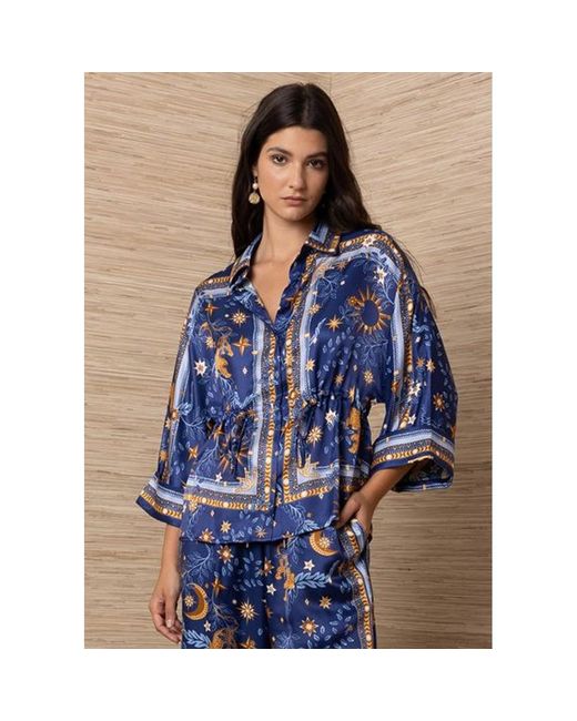 Hale Bob Blue Celestial Print Drawstring Blouse