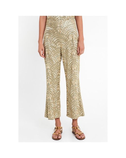 Greek Archaic Kori Natural Embroidered Cotton Cropped Trouser