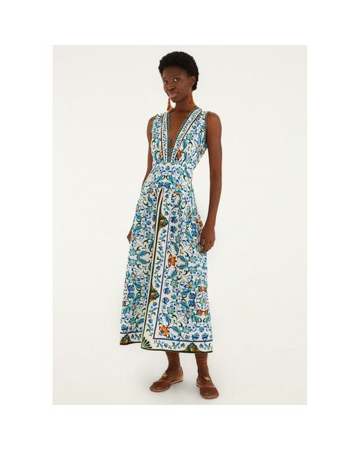 Farm Rio Blue Flora Tile Scalloped Linen Midi Dress