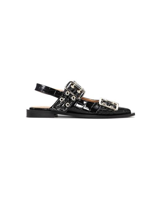 Ganni Black Croco Patent Feminine Buckle Ballerina Shoes