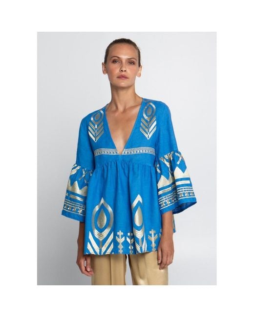 Greek Archaic Kori Blue Feather V Neck Top