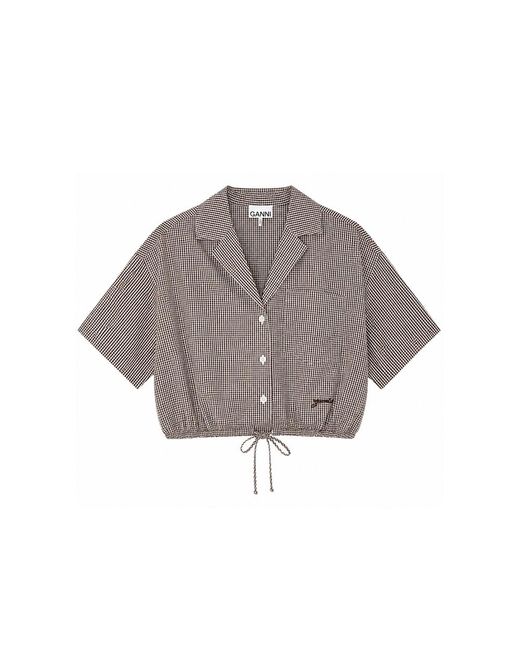 Ganni Gray Check Cropped Bowling Shirt