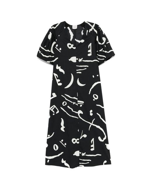 Alysi Black Printed Orchestra Puff Sleeve Midi Dress