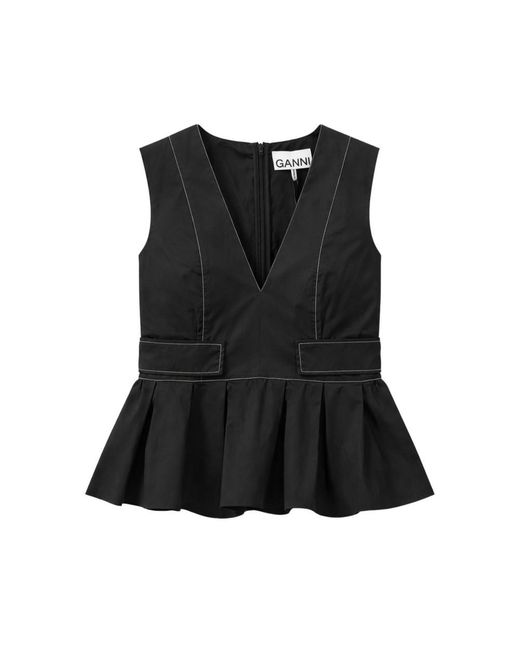 Ganni Black V-Neck Cotton Pocket Blouse