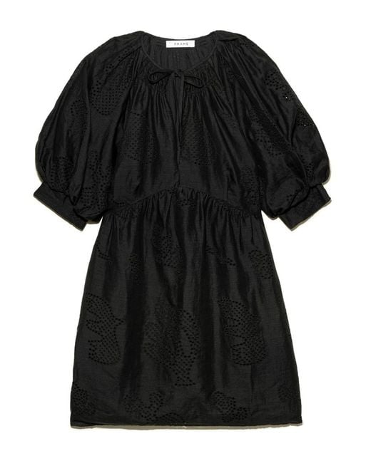 FRAME Eyelet Puffed Sleeve Cotton Dress in Black | Lyst