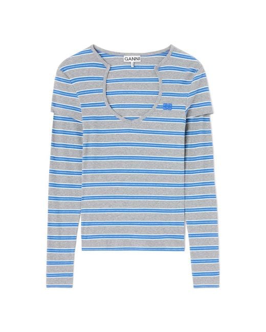 Ganni Blue Cotton Rib V Neck Long Sleeve Top