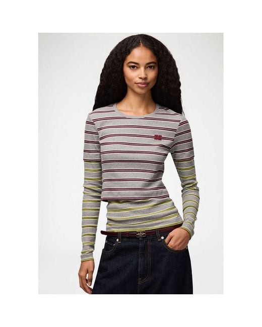 Ganni Gray Cotton Rib Long Sleeve Double Layer Top