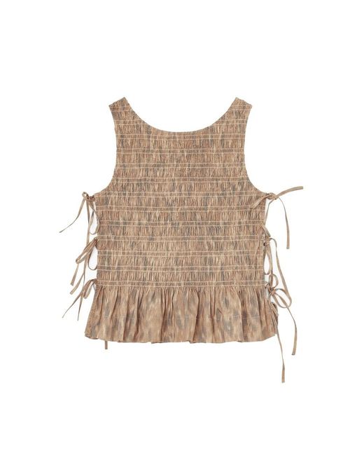 Ganni Natural Smocked Tie String Top