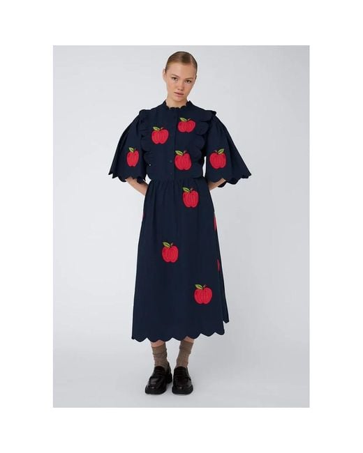 Stella Nova Blue Organic Cotton Embroidered Midi Dress