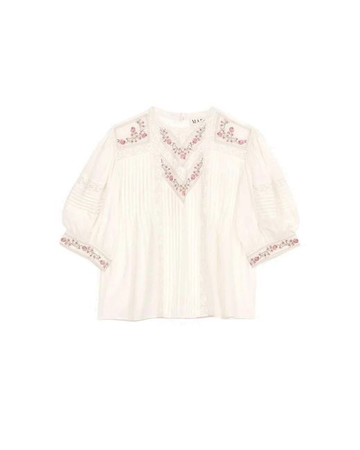 M.A.B.E Natural Fleur Embellished Cotton Short Sleeve Top