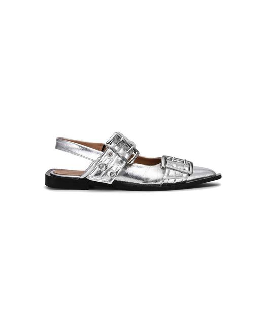 Ganni White Metallic Feminine Buckle Ballerina Shoes