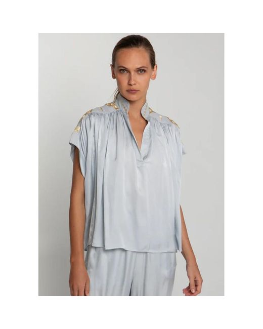 Greek Archaic Kori Gray Roots Silky Shoulder Detail Blouse