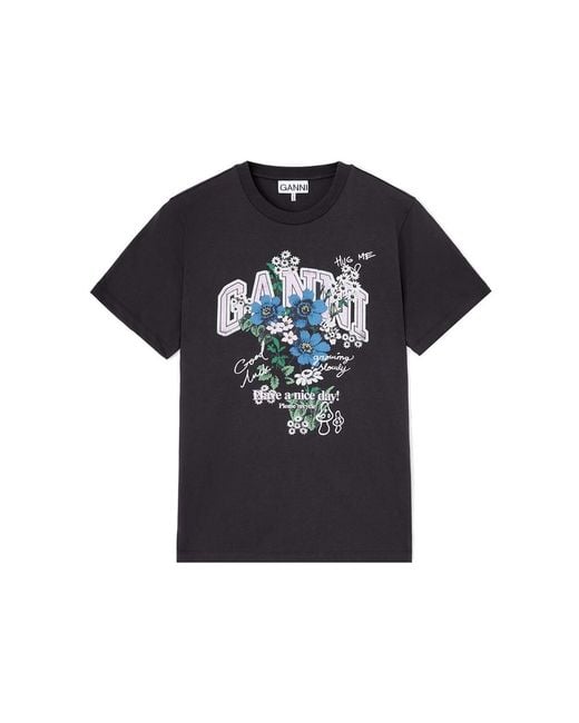 Ganni Black Relaxed Organic Cotton T-Shirt Flower