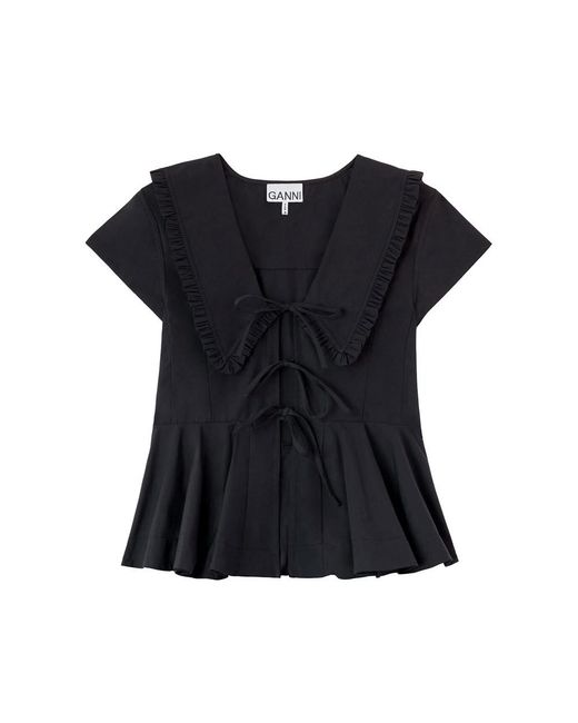 Ganni Black Cotton Poplin Collared Blouse