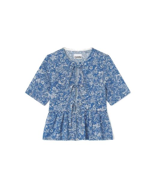Ganni Blue Tapestry Organic Cotton Denim Peplum Top