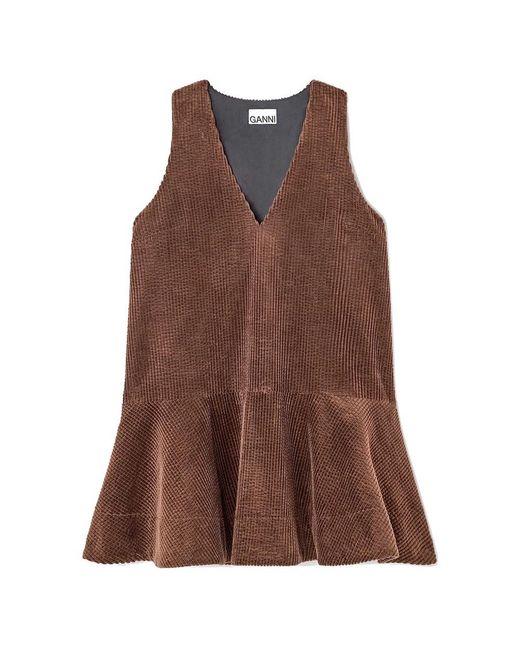 Ganni Brown Organic Cotton Corduroy V-Neck Mini Dress