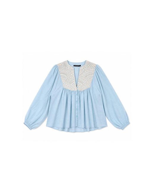 Greek Archaic Kori Blue V-Neck Embroidered Peasant Blouse