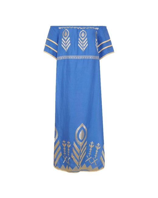 Greek Archaic Kori Blue Feather Off Shoulder Linen Dress