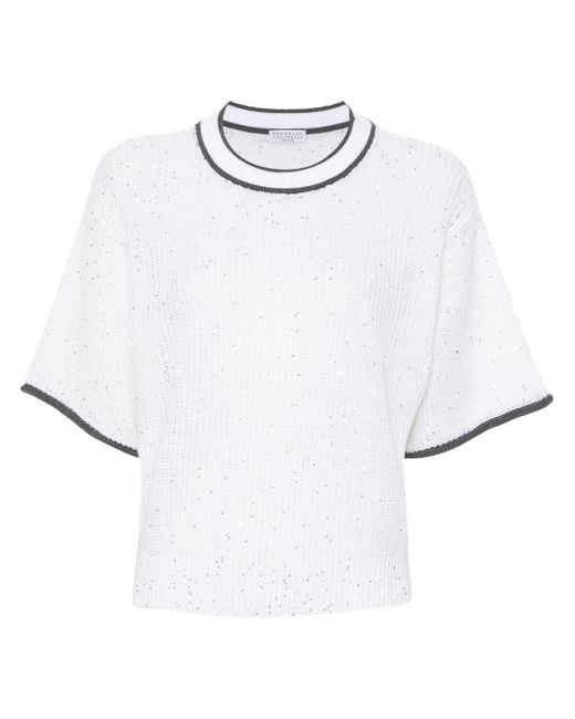 Brunello Cucinelli White Knitted Top With Contrasting Edges