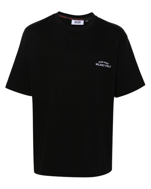 Gcds Black Cotton T-Shirt With Logo Embroidery for men