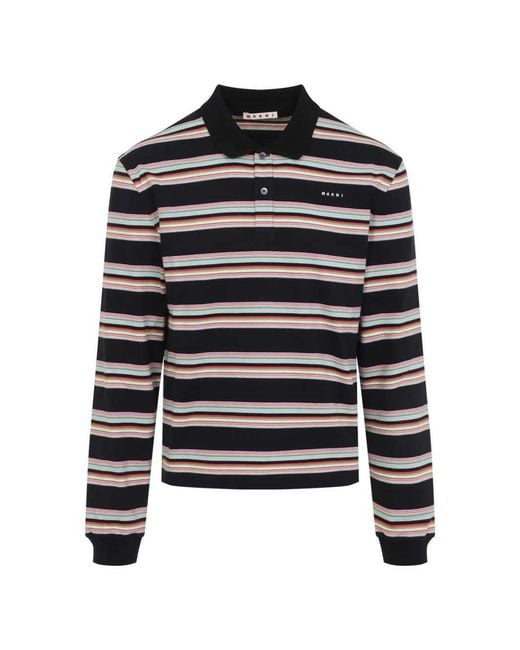 Marni Black Striped Long-Sleeve Polo Shirt for men