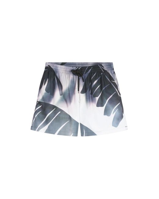 Dries Van Noten Blue Fitted Swim Shorts With A Giant Watercolor Palm Tree Print for men