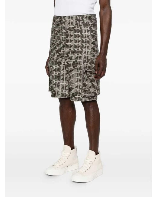 Balmain Gray Monogrammed Cargo Shorts for men