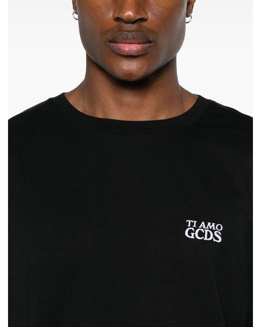 Gcds Black Cotton T-Shirt With Embroidered Logo for men