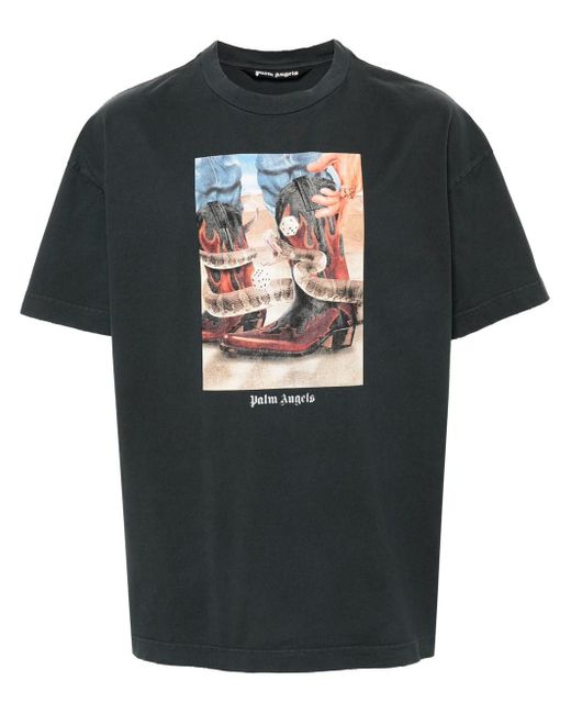 T-Shirt Con Stampa Western di Palm Angels in Black da Uomo