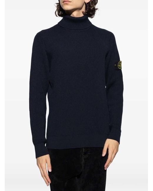 Stone Island Blue Ribbed High-Neck Sweater for men