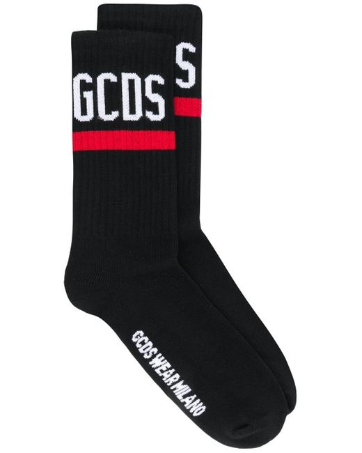 Gcds Black Ribbed Socks With Logo for men