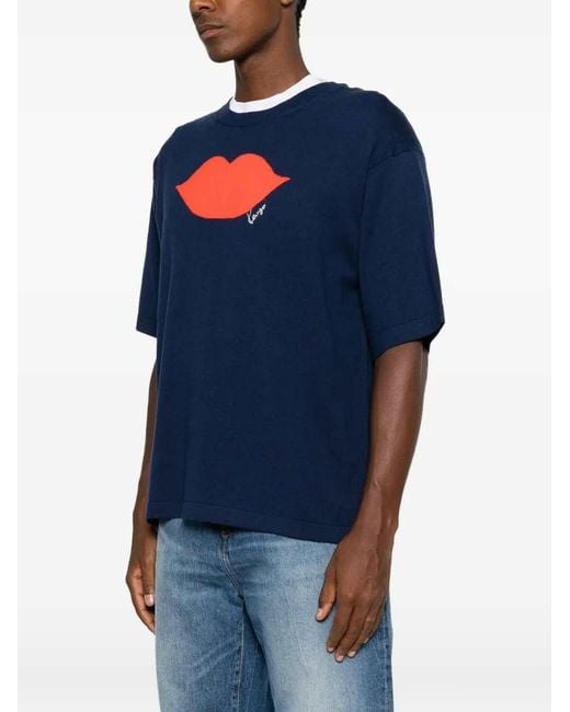 KENZO Blue Short-Sleeved Sweater With Lip Intarsio