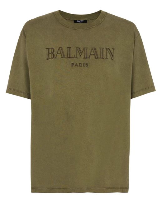 Balmain Green T-Shirt With Embroidery for men