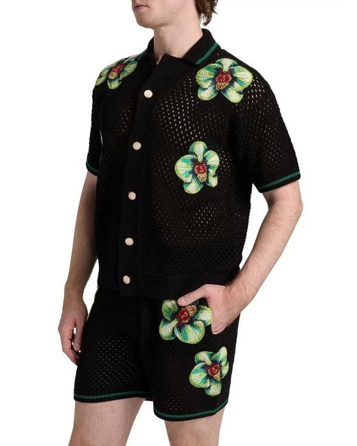 Casablanca Black Glitch Orchid Embroidered Crochet T-Shirt for men