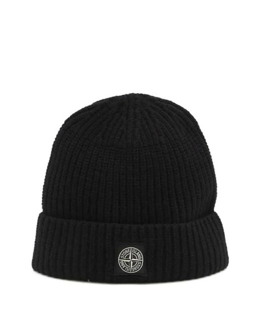 Stone Island Black Ribbed Knit Beanie With Logo for men